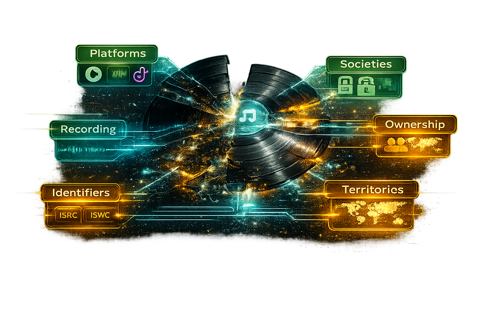 Visual showing fragmented music rights data across platforms, territories, and identifiers